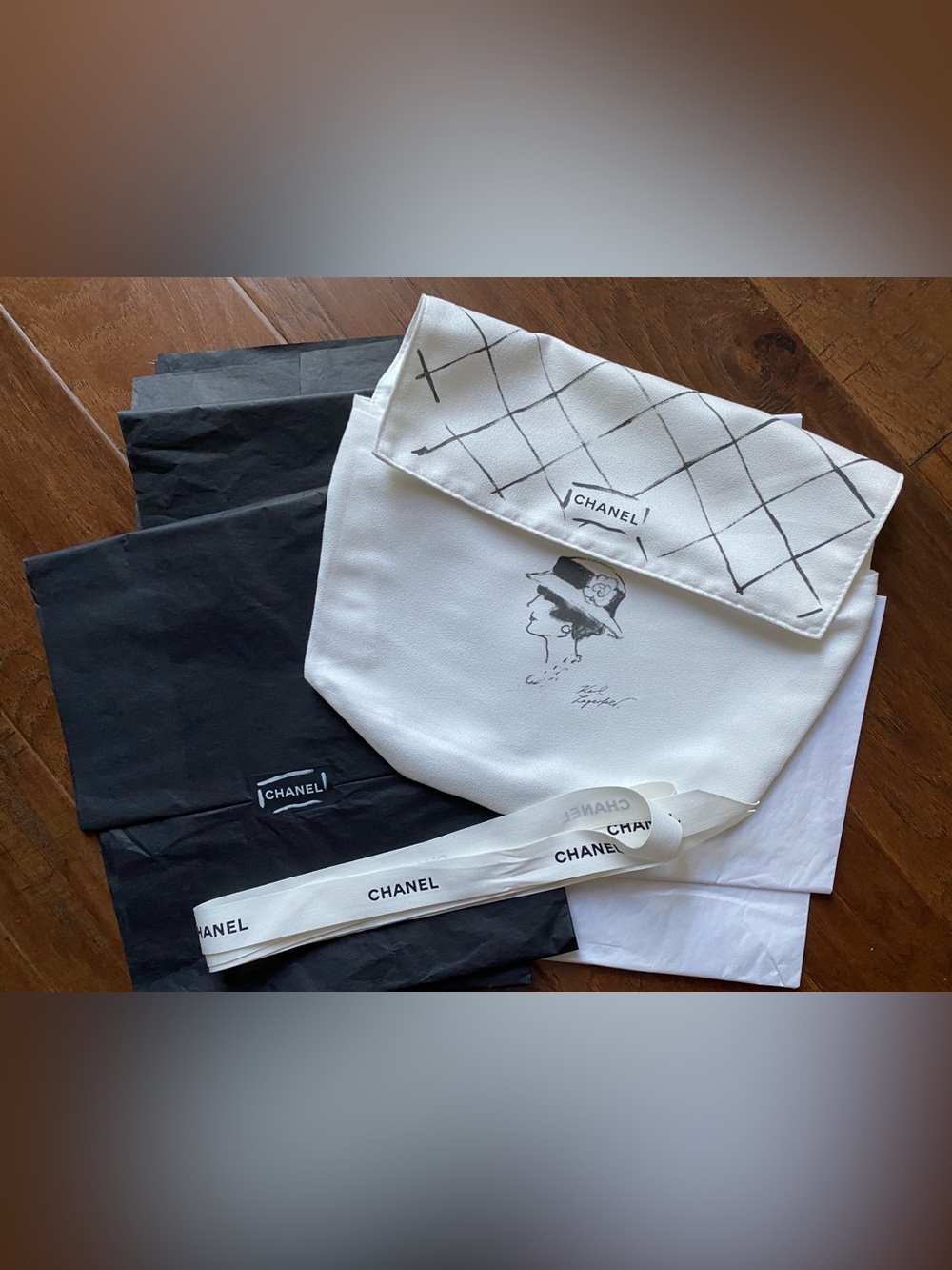 CHANEL Karl Lagerfeld Coco Image Flap Dust Bag 13” X  10” & Gift Paper + Ribbon